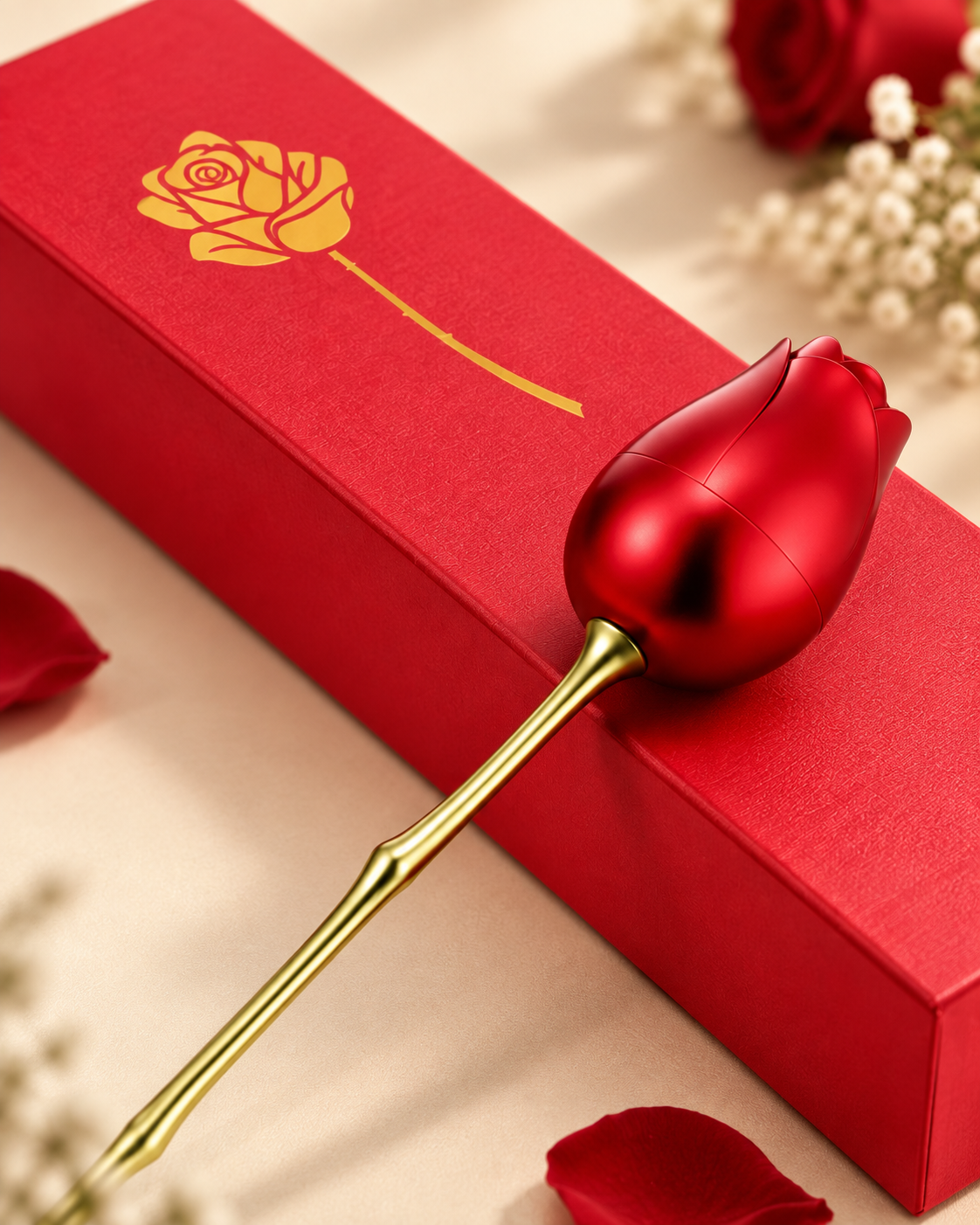 Close-up of the Giftory Forever Rose and premium red gift box