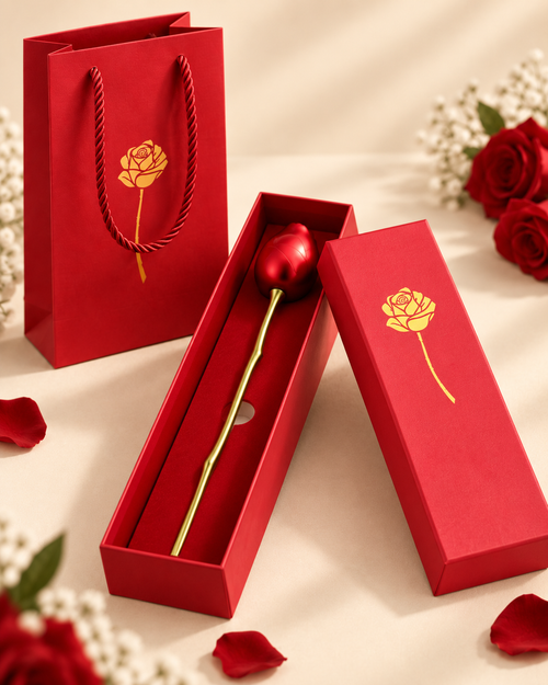 Giftory Forever Rose presented inside an open red gift box with matching gift bag